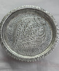 12-Inch Antique Silver-Plated Jain Pooja Thali with 3 Carved Legs (650g)
