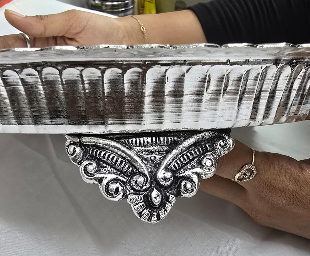 12-Inch Antique Silver-Plated Jain Pooja Thali with 3 Carved Legs (650g)