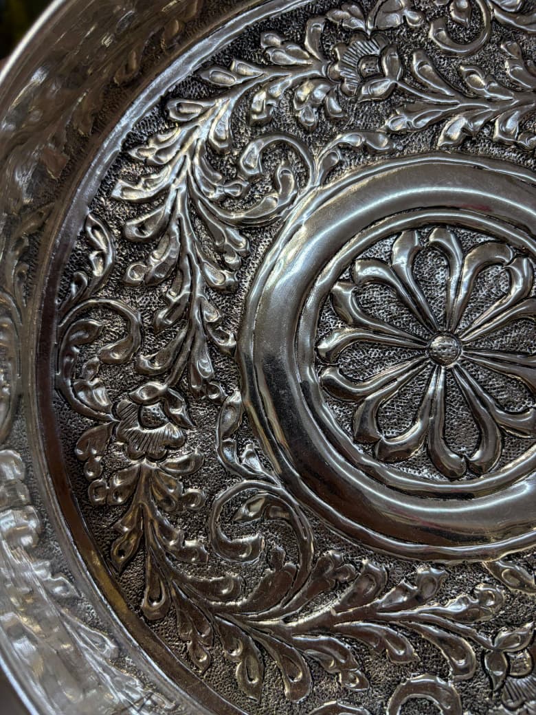 9-Inch Antique Silver-Plated Embossed Pooja Thali (450g)