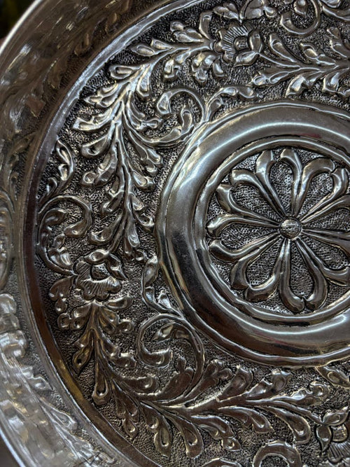 9-Inch Antique Silver-Plated Embossed Pooja Thali (450g)