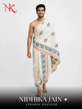 Off-White and Grey Shankh Embroidered Cotton Puja Jodi