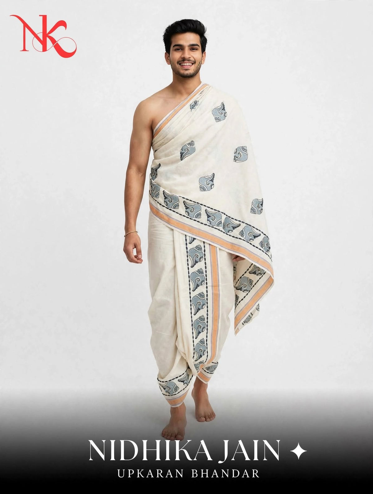 Off-White and Grey Shankh Embroidered Cotton Puja Jodi