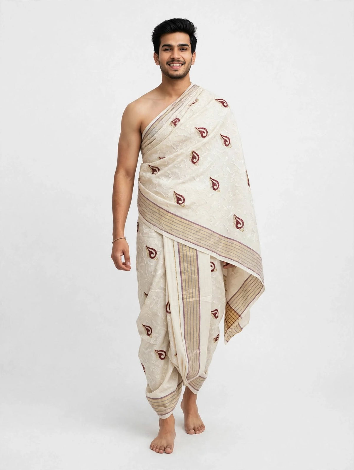 Off-White and Maroon Shankh Embroidered Matka Puja Jodi