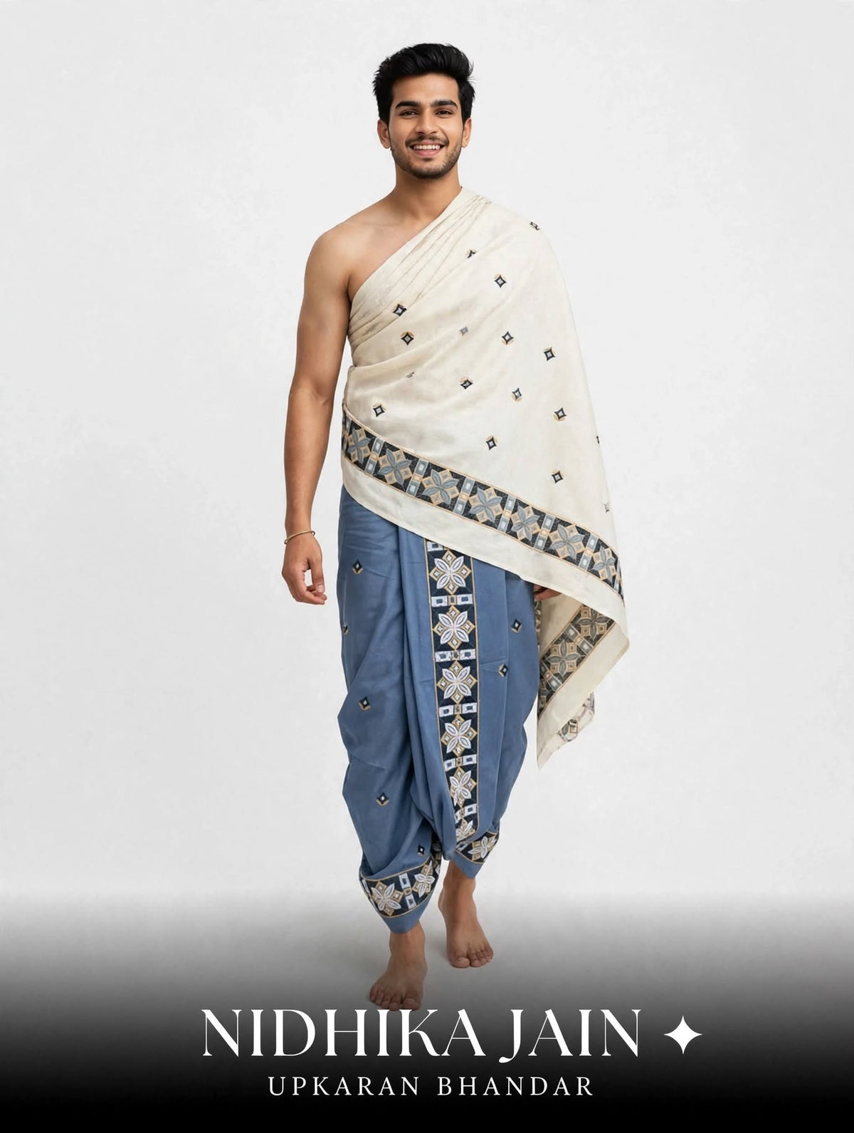 Dusty Blue and Off-White Embroidered Cotton Puja Jodi