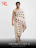 Cream and Purple Floral Embroidered Cotton Puja Jodi