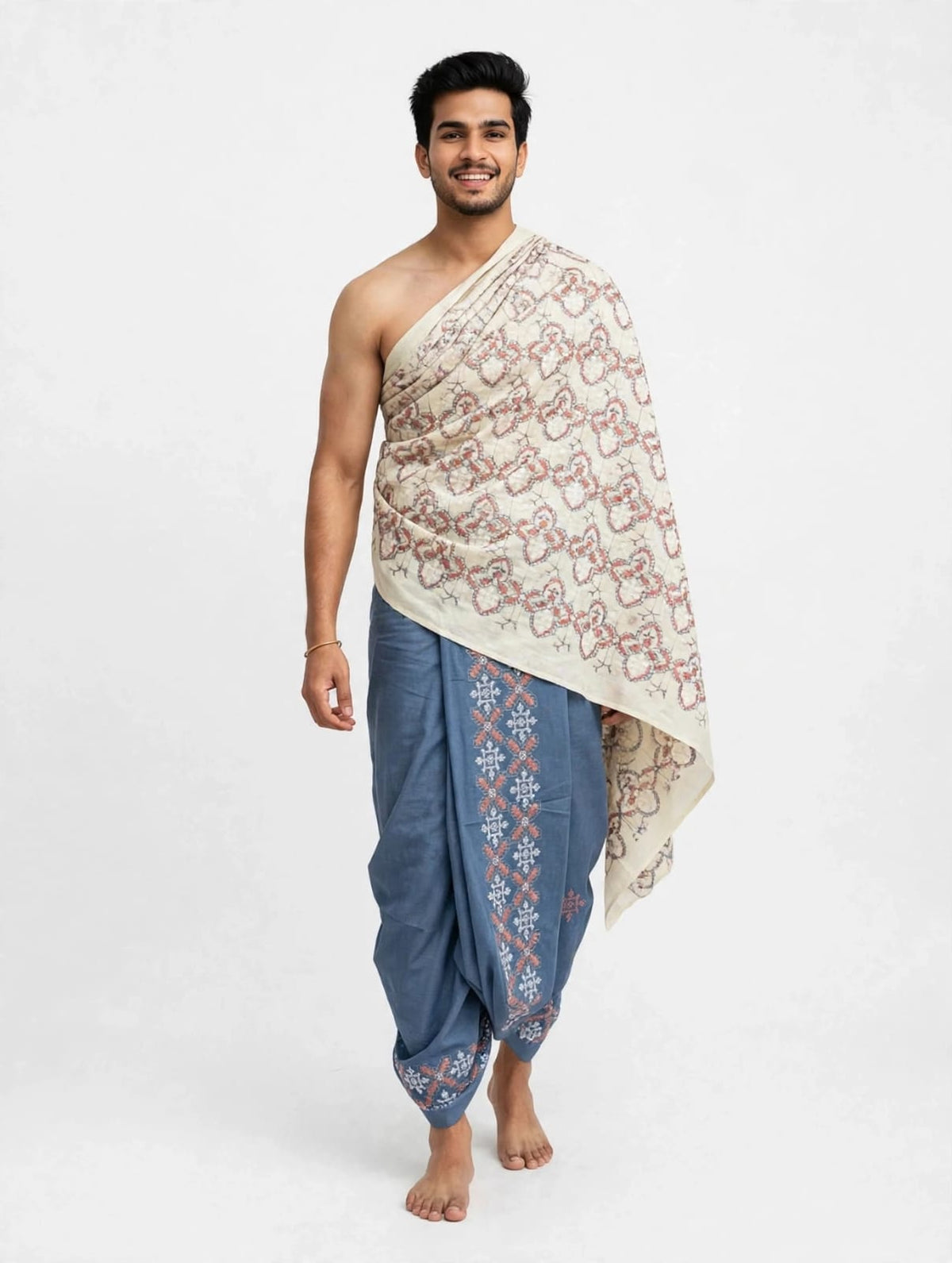 Steel Blue and Cream Embroidered Cotton Puja Jodi