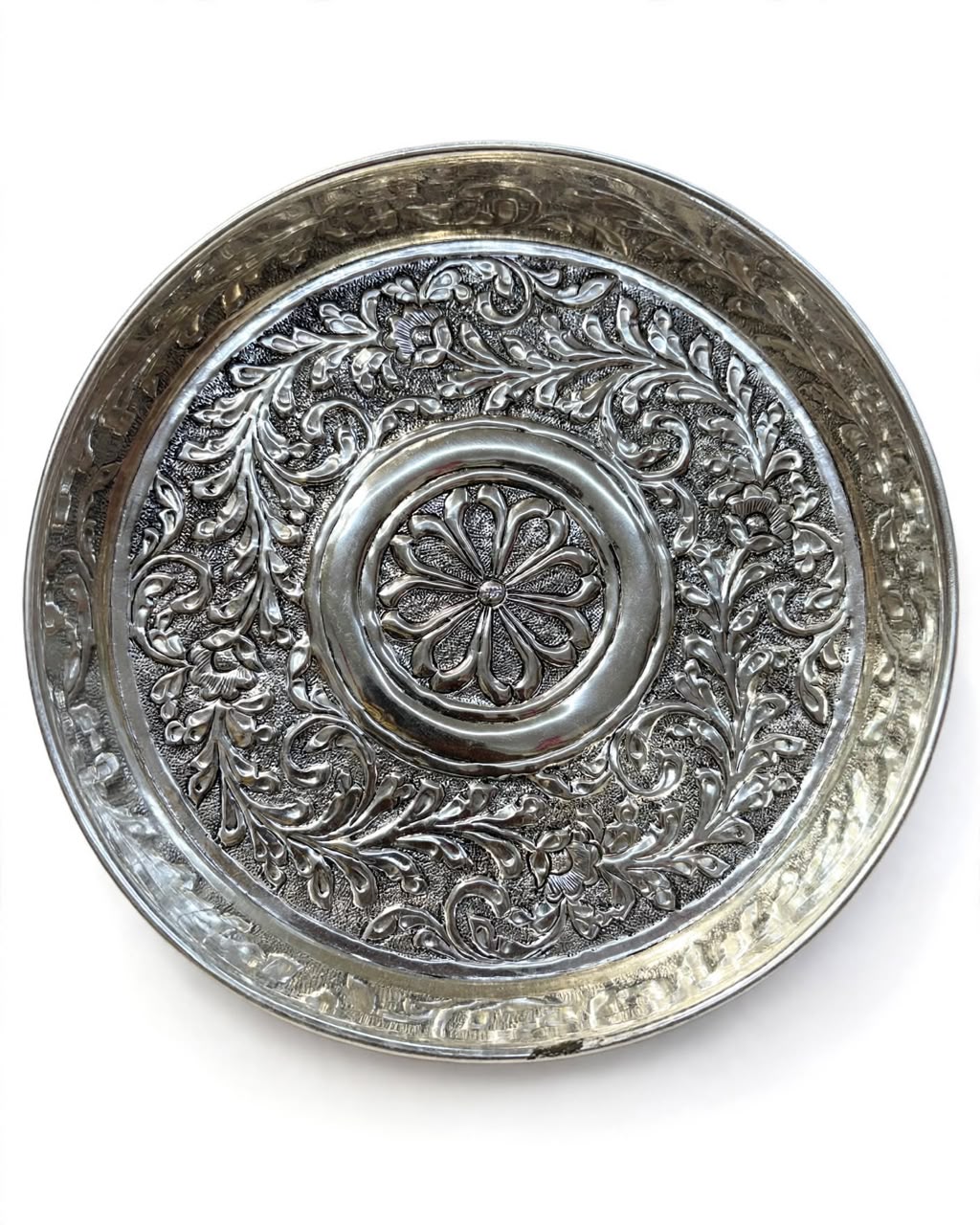 9-Inch Antique Silver-Plated Embossed Pooja Thali (450g)