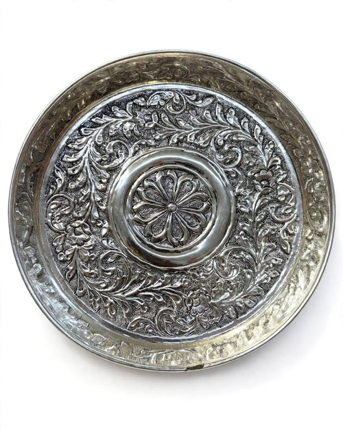 9-Inch Antique Silver-Plated Embossed Pooja Thali (450g)