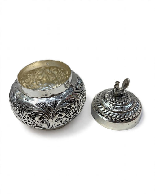 Antique Silver-Plated Peacock Kesar Box