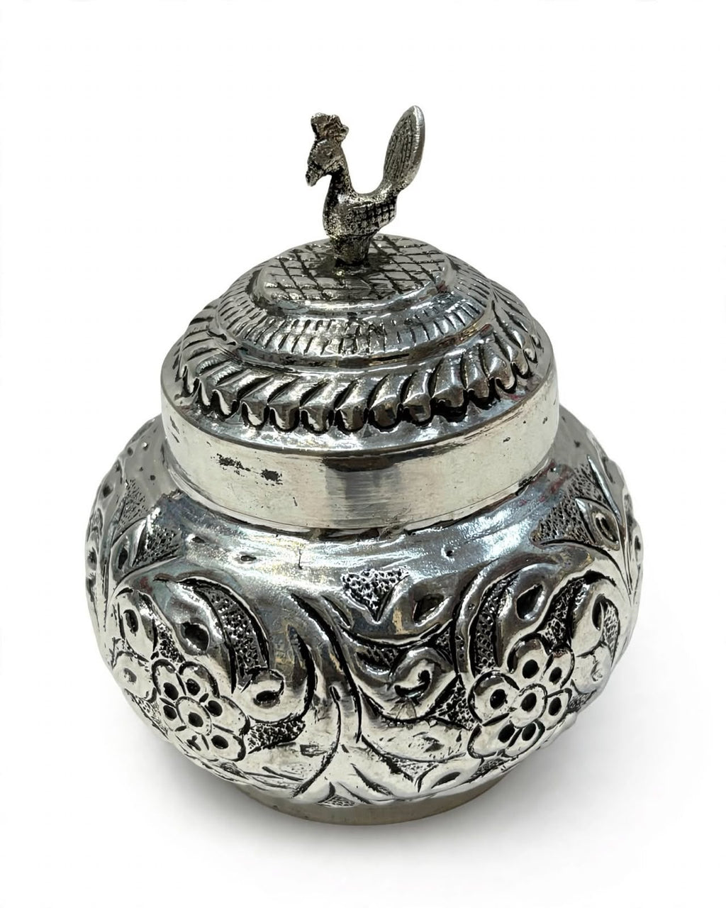Antique Silver-Plated Peacock Kesar Box