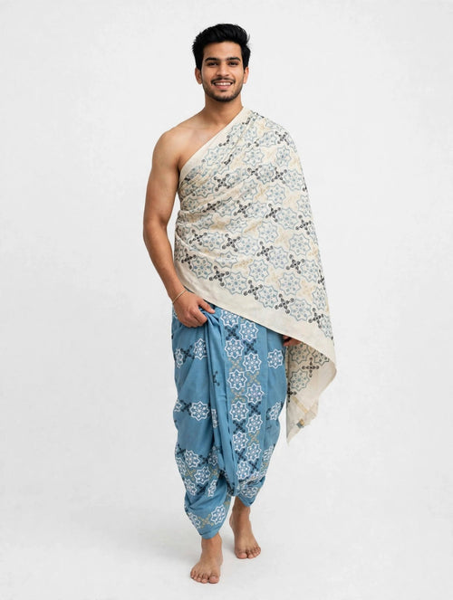 Blue Geometric Embroidered Puja Jodi