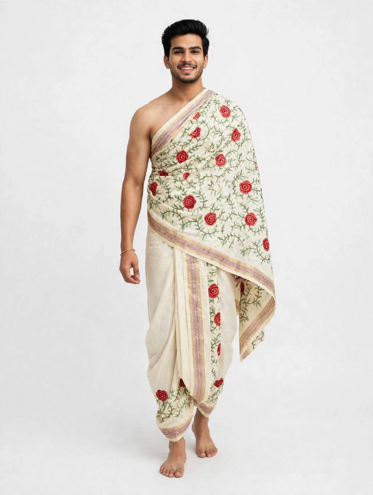 Ivory Rose Embroidered Puja Jodi