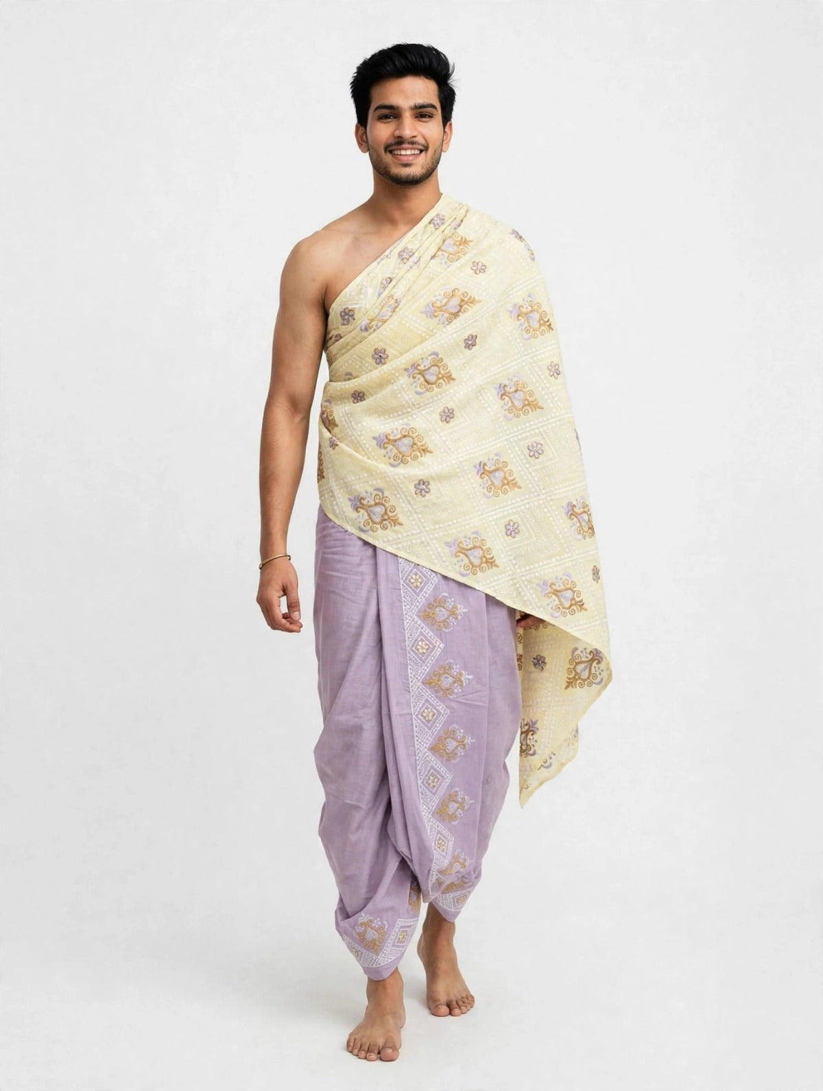 Lavender and Cream Embroidered Puja Jodi