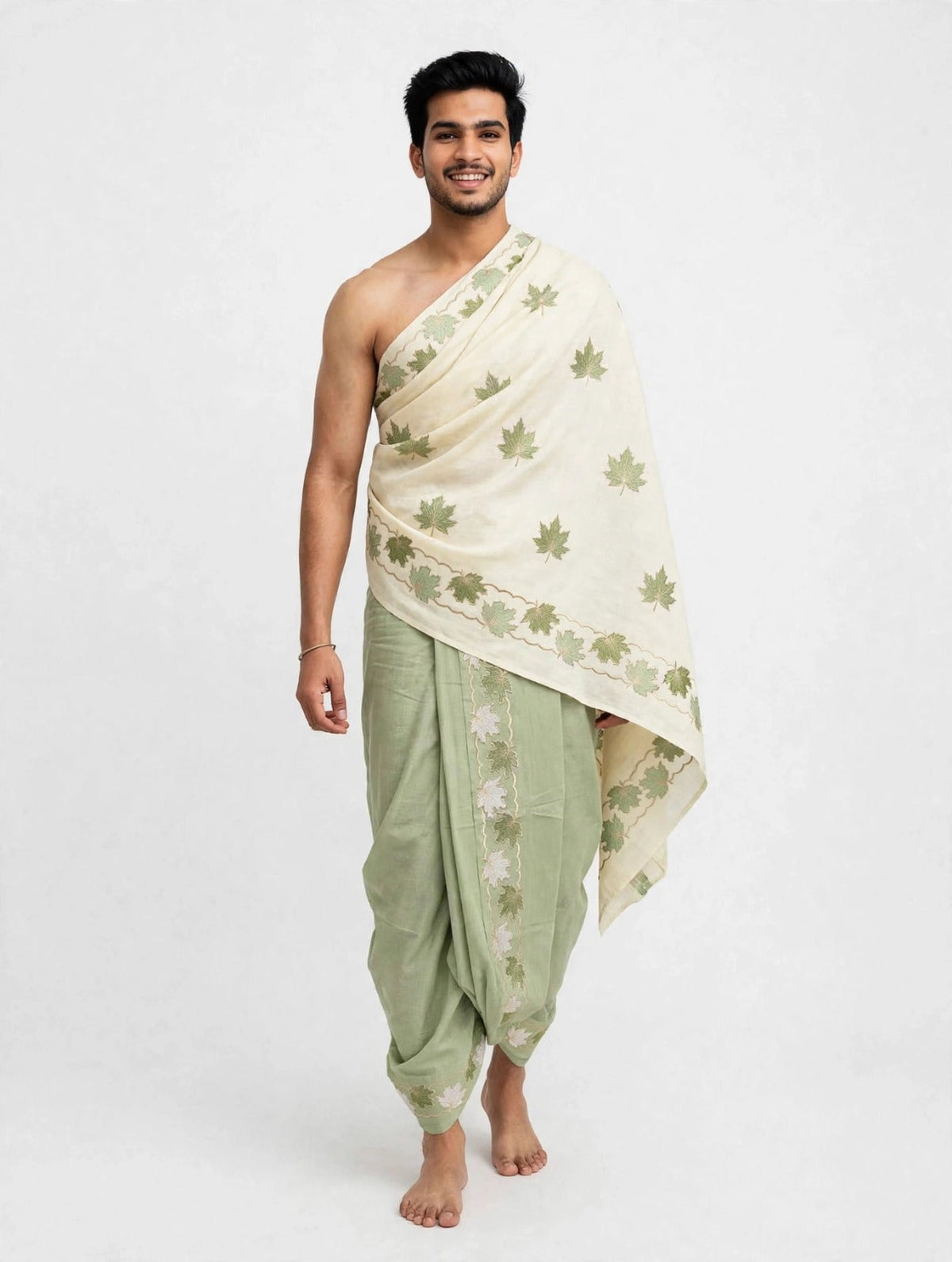 Pista Green Leaf Embroidered Puja Jodi