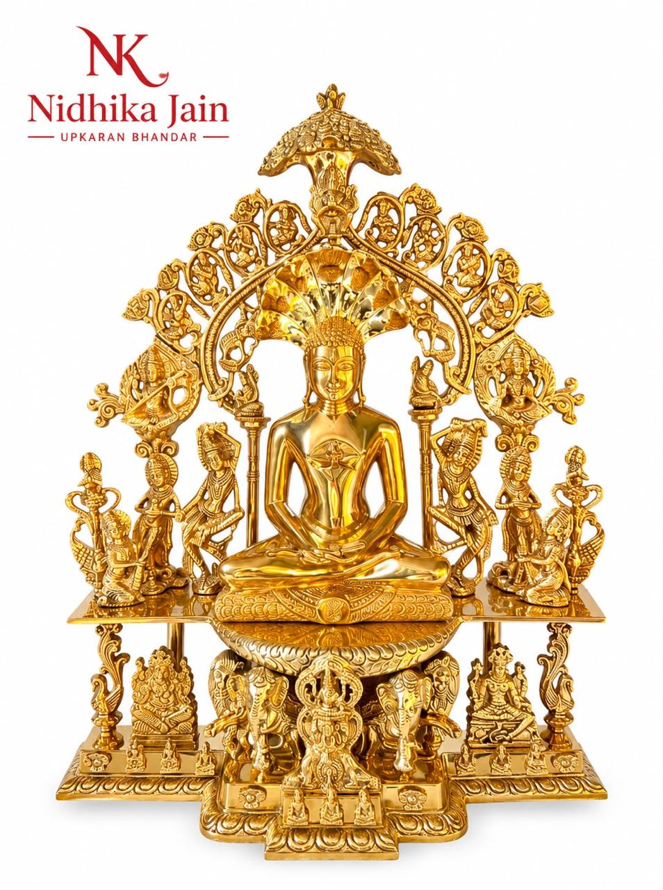 Handcrafted Golden Brass Bhagwan Parshvanath with Intricate Parikar Sinhasan