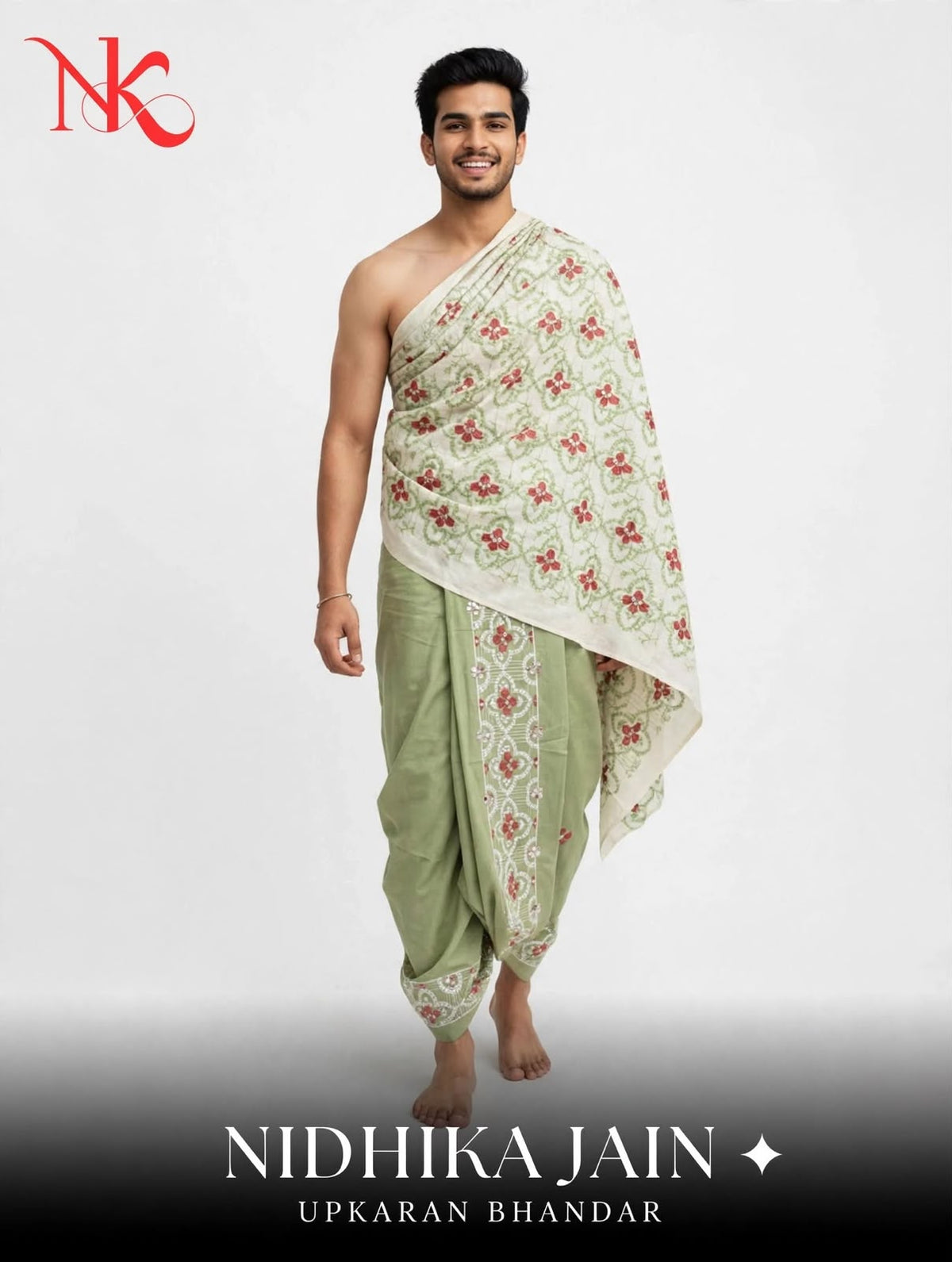 Sage Green Floral Embroidered Puja Jodi