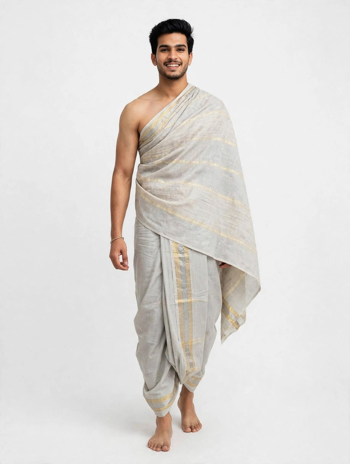 Silver Grey Zari Stripe Puja Jodi - view 2
