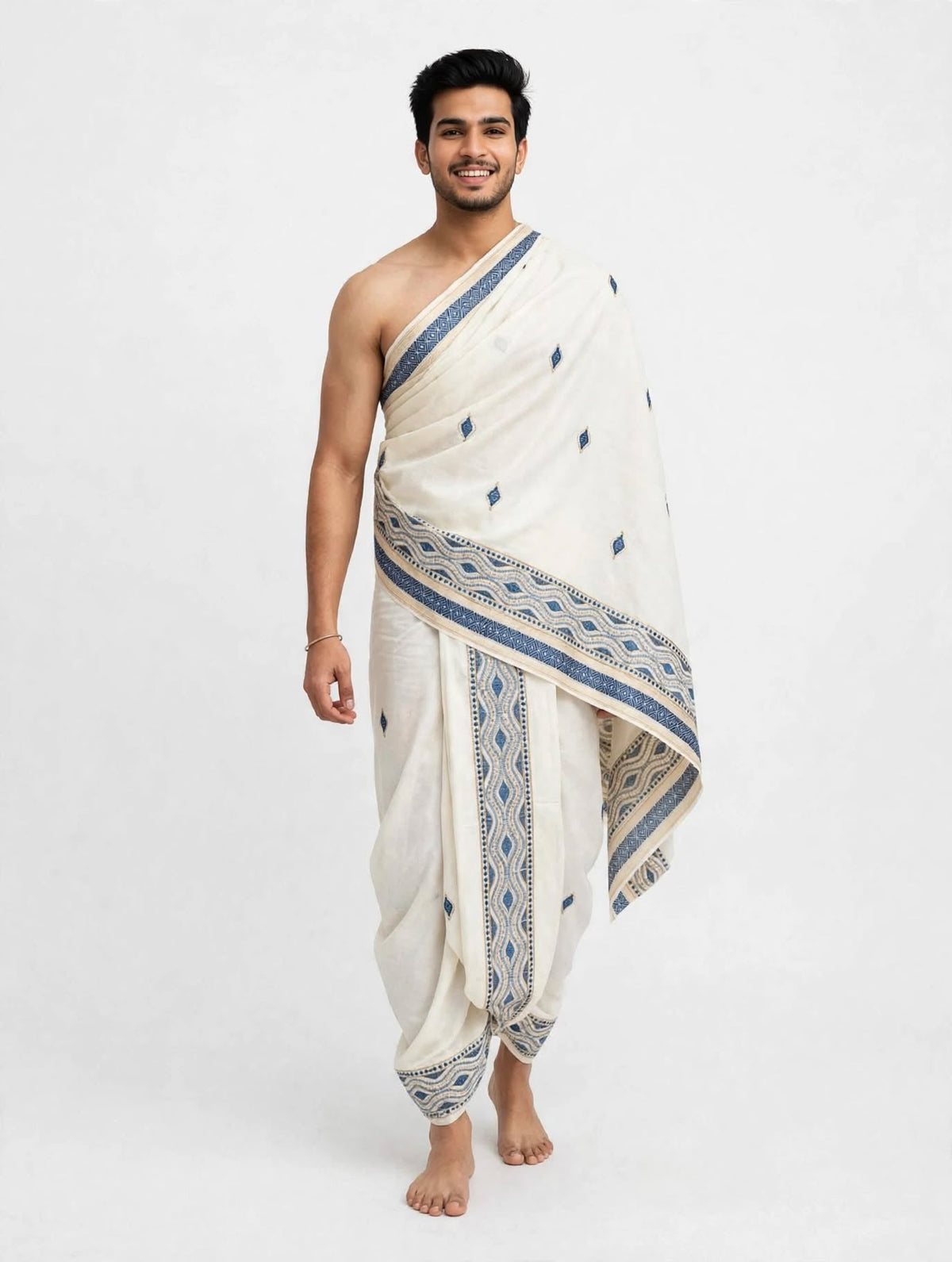 White and Indigo Border Puja Jodi